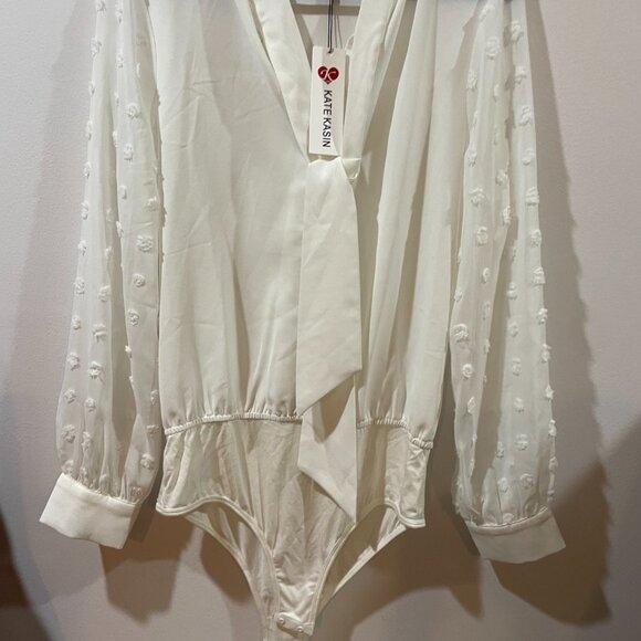 Kate Kasin Long Sleeve Sheer Mesh Pointelle Bodysuit Pussybow Necktie Size Med - Picture 2 of 10